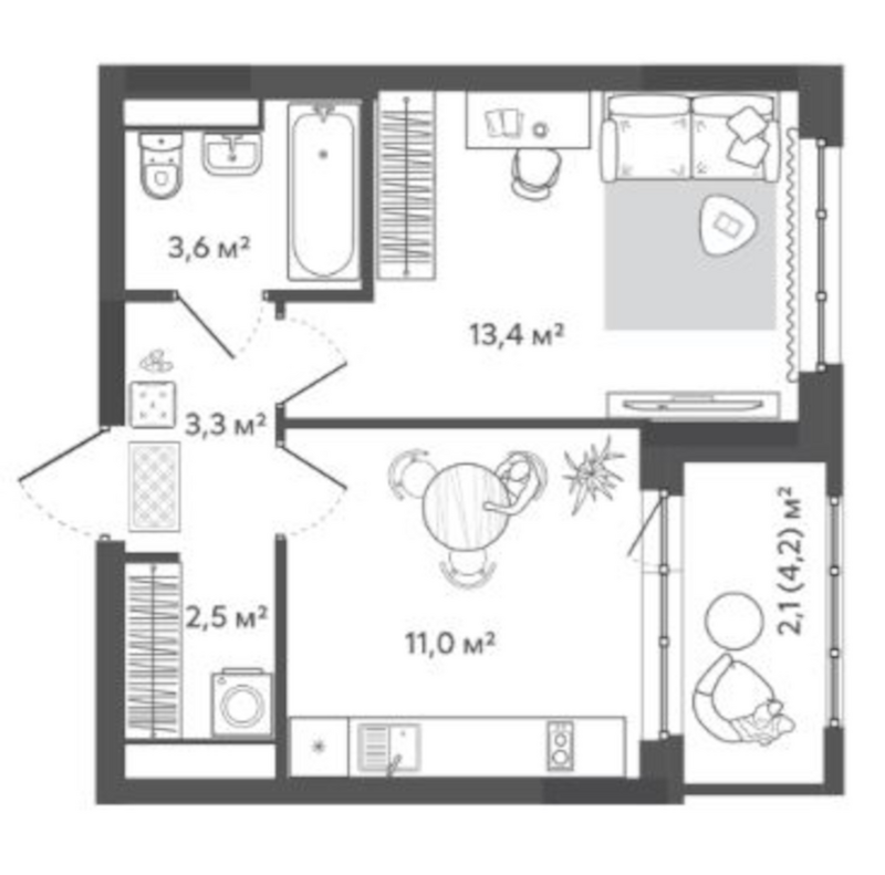 Планировка 1-к. квартира 33.80 м² в ЖК «Природные кварталы Сибирия»