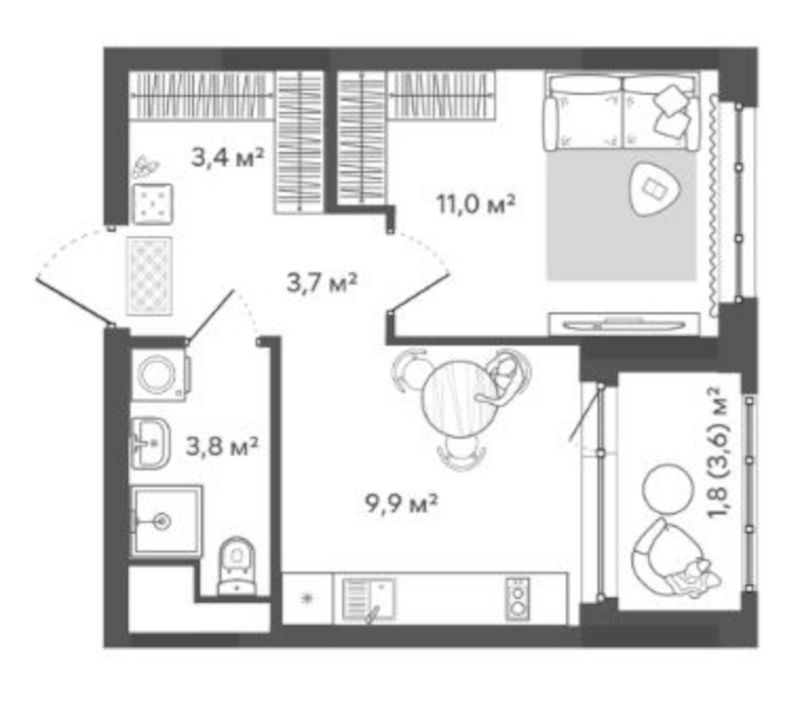 Планировка 1-к. квартира 31.80 м² в ЖК «Природные кварталы Сибирия»