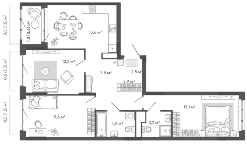 Планировка 3-к. квартира 77.10 м² в ЖК «Природные кварталы Сибирия»