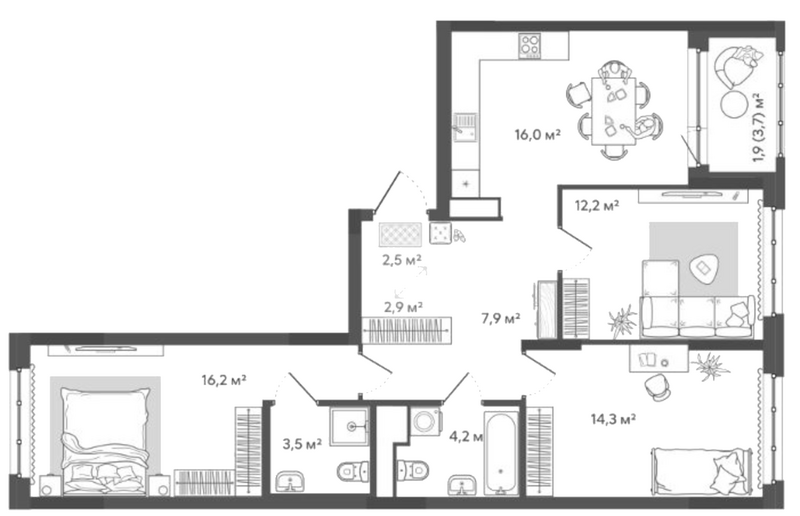 Планировка 3-к.кв 79.70 м² в ЖК «Природные кварталы Сибирия»