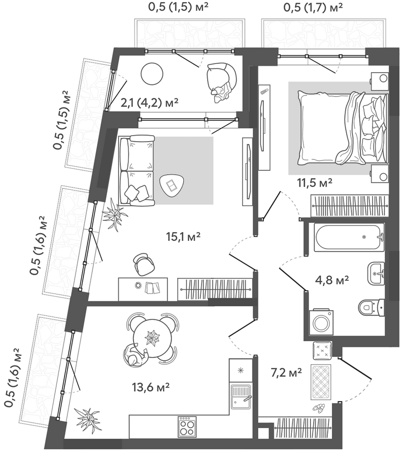 Планировка 2-к. квартира 52.20 м² в ЖК «Природные кварталы Сибирия»