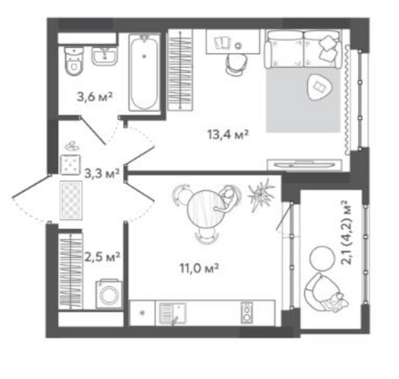 Планировка 1-к. квартира 33.80 м² в ЖК «Природные кварталы Сибирия»