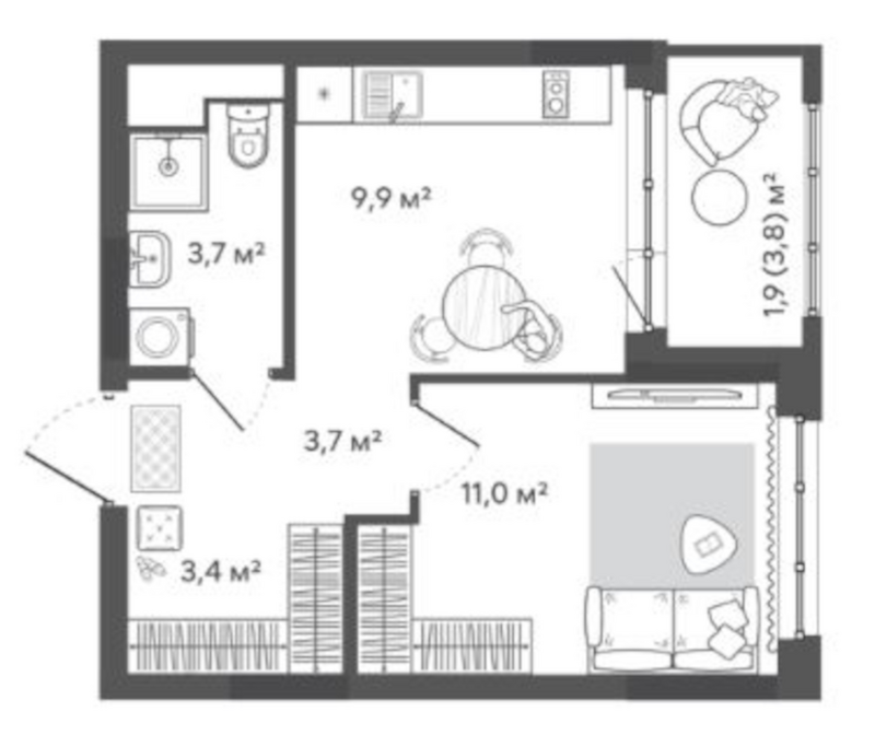 Планировка 1-к. квартира 31.70 м² в ЖК «Природные кварталы Сибирия»
