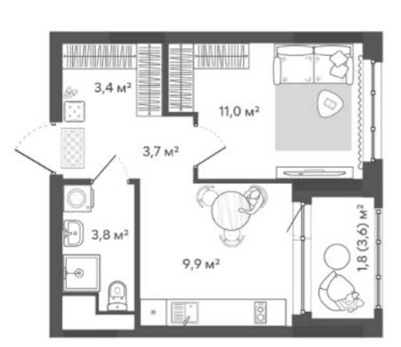 Планировка 1-к. квартира 31.80 м² в ЖК «Природные кварталы Сибирия»
