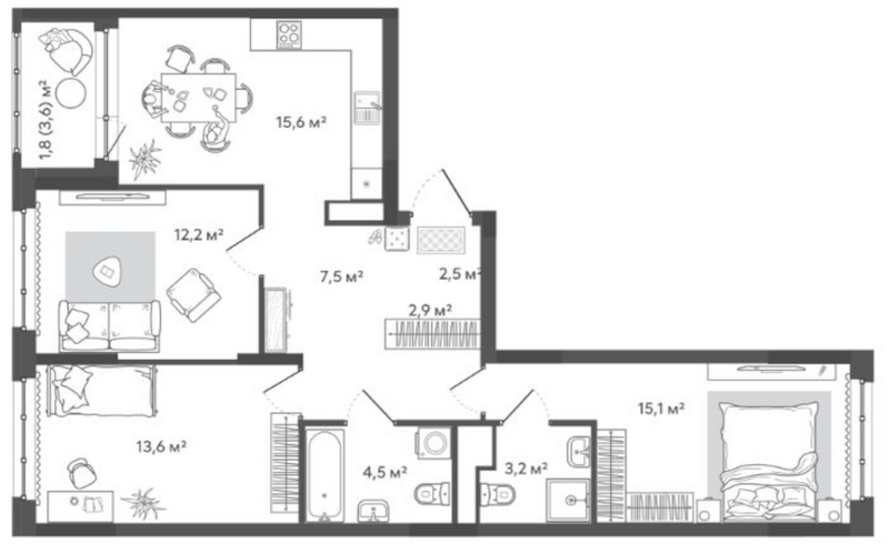 Планировка 3-к. квартира 77.10 м² в ЖК «Природные кварталы Сибирия»