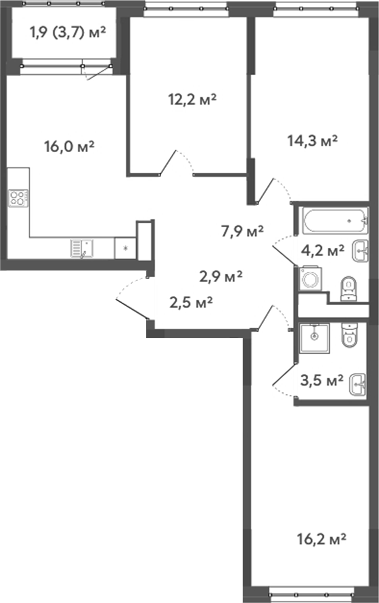 Планировка 3-к. квартира 79.70 м² в ЖК «Природные кварталы Сибирия»