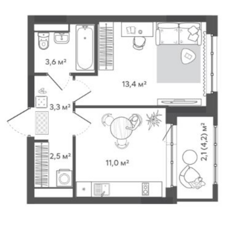 Планировка 1-к. квартира 33.80 м² в ЖК «Природные кварталы Сибирия»