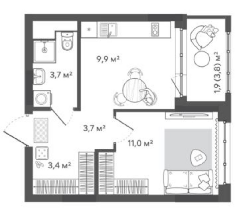 Планировка 1-к. квартира 31.70 м² в ЖК «Природные кварталы Сибирия»
