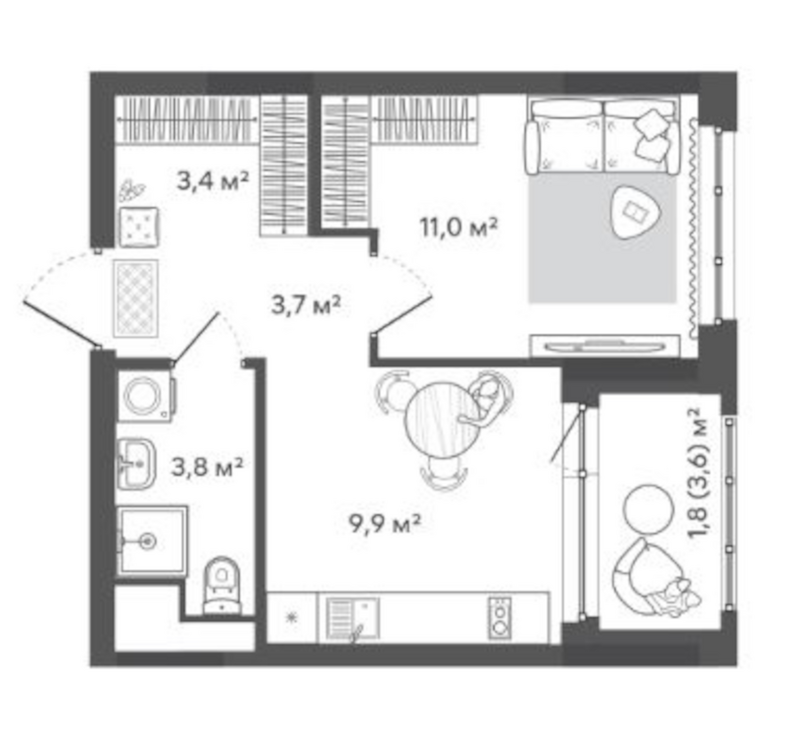 Планировка 1-к. квартира 31.80 м² в ЖК «Природные кварталы Сибирия»