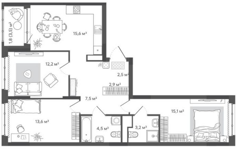 Планировка 3-к. квартира 77.10 м² в ЖК «Природные кварталы Сибирия»