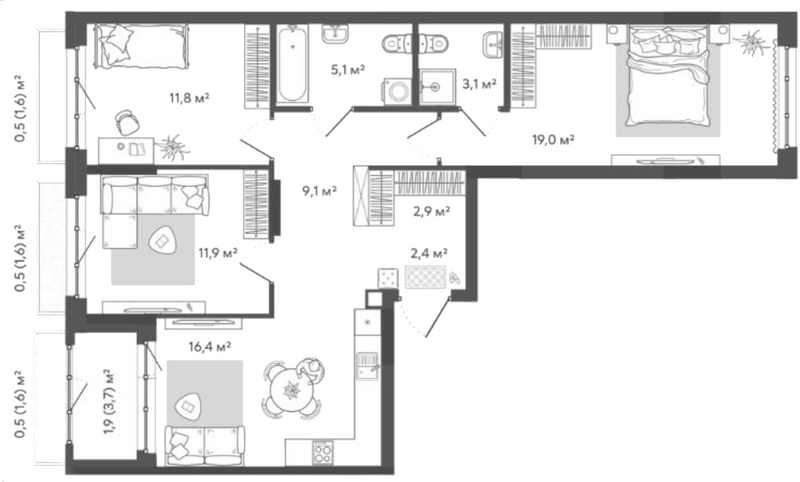 Планировка 4е-к. квартира 81.70 м² в ЖК «Природные кварталы Сибирия»