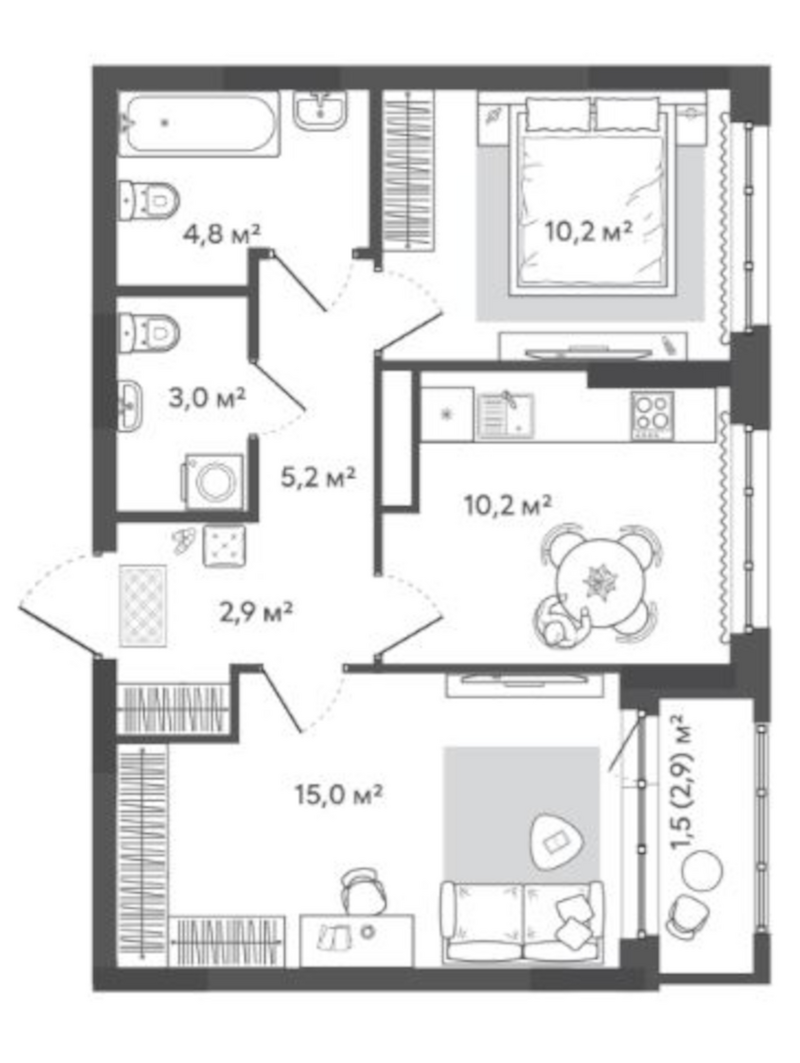 Планировка 2-к. квартира 51.30 м² в ЖК «Природные кварталы Сибирия»
