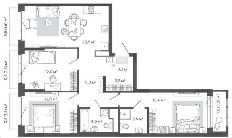 Планировка 4е-к.кв 81.00 м² в ЖК «Природные кварталы Сибирия»