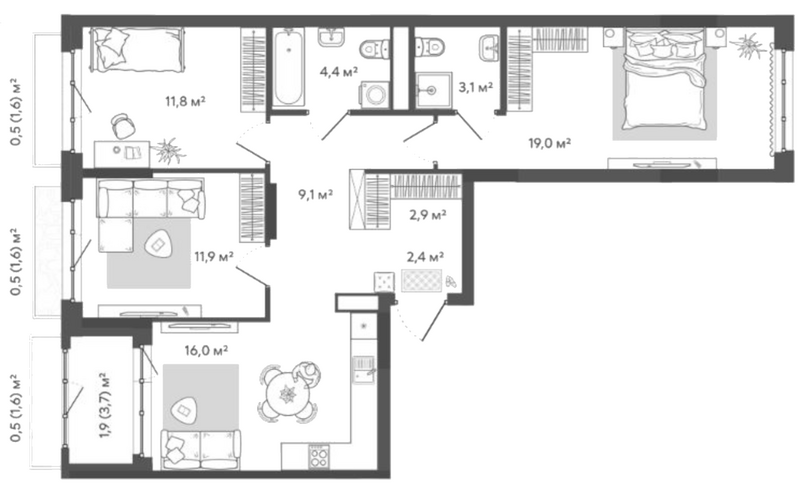 Планировка 4е-к. квартира 80.60 м² в ЖК «Природные кварталы Сибирия»