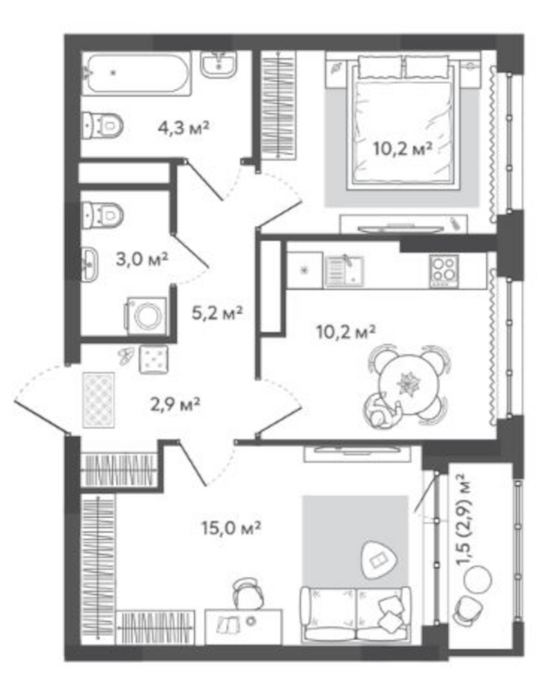 Планировка 2-к. квартира 50.80 м² в ЖК «Природные кварталы Сибирия»