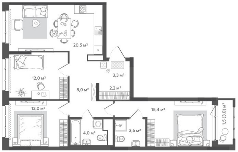 Планировка 4е-к. квартира 81.00 м² в ЖК «Природные кварталы Сибирия»