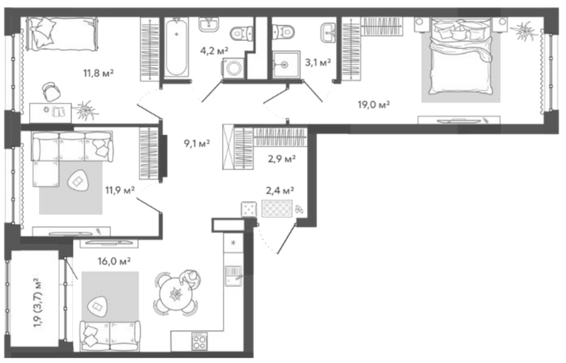 Планировка 4е-к.кв 80.40 м² в ЖК «Природные кварталы Сибирия»