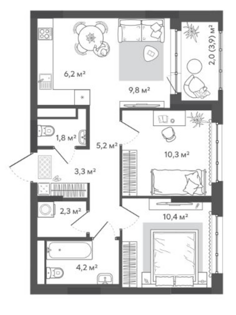 Планировка 3е-к.кв 53.50 м² в ЖК «Природные кварталы Сибирия»