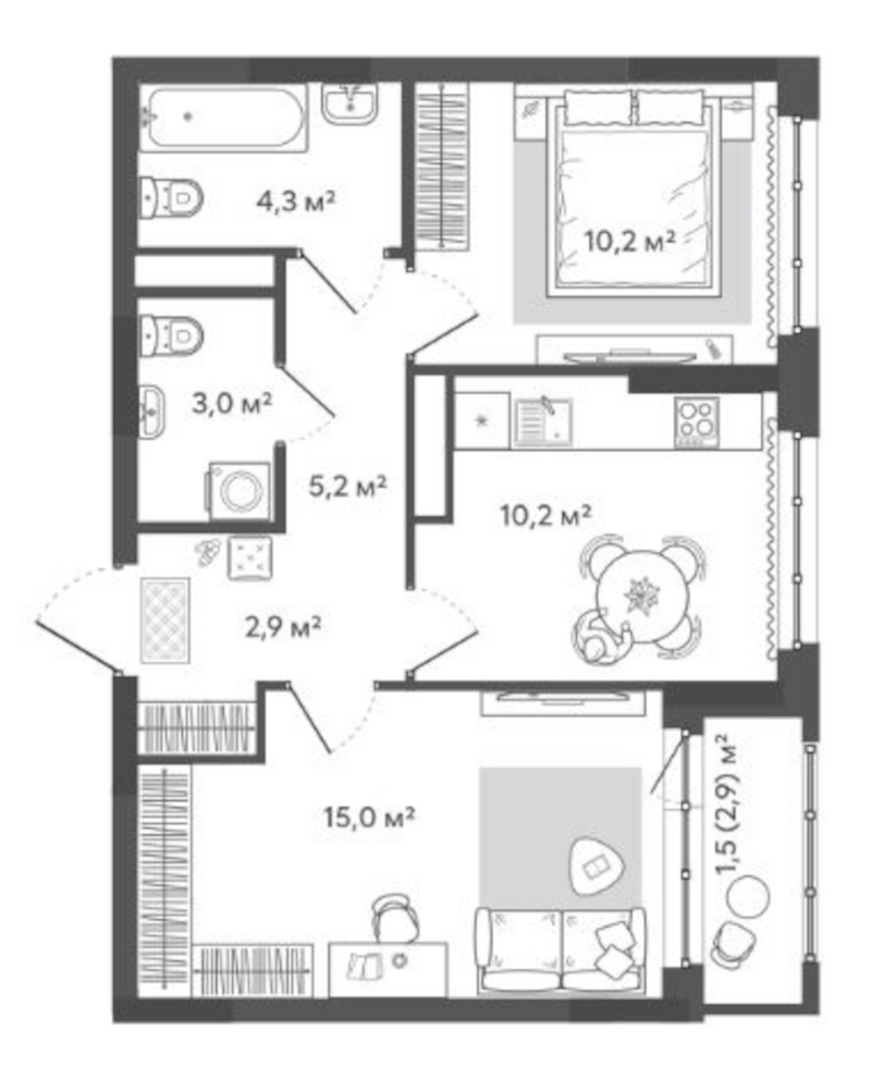 Планировка 2-к. квартира 50.80 м² в ЖК «Природные кварталы Сибирия»