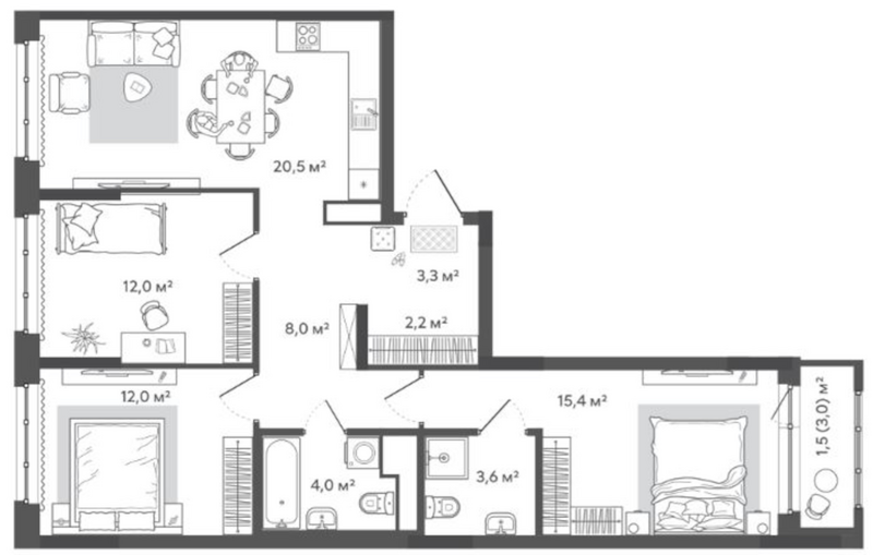 Планировка 4е-к.кв 81.00 м² в ЖК «Природные кварталы Сибирия»