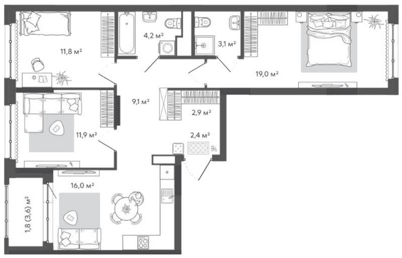 Планировка 4е-к. квартира 80.40 м² в ЖК «Природные кварталы Сибирия»