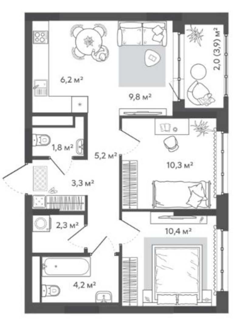 Планировка 3е-к.кв 53.50 м² в ЖК «Природные кварталы Сибирия»