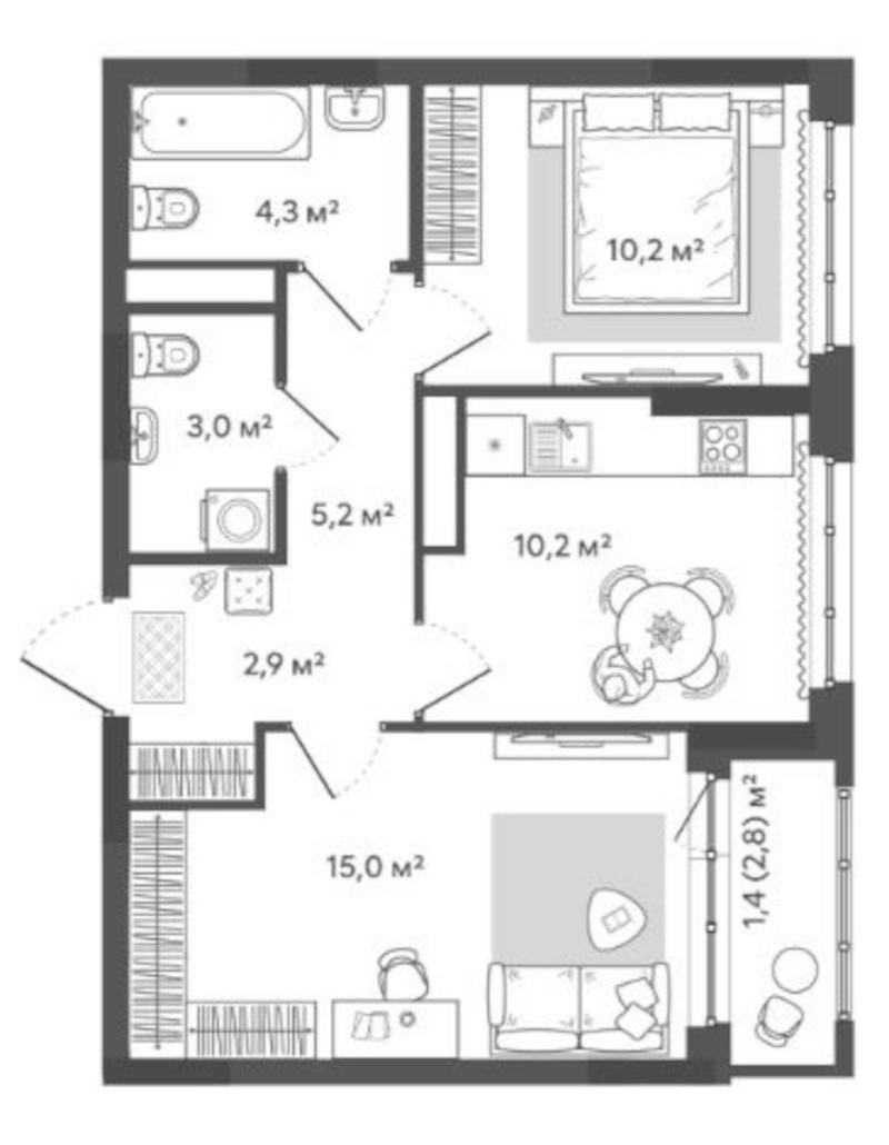 Планировка 2-к. квартира 50.80 м² в ЖК «Природные кварталы Сибирия»