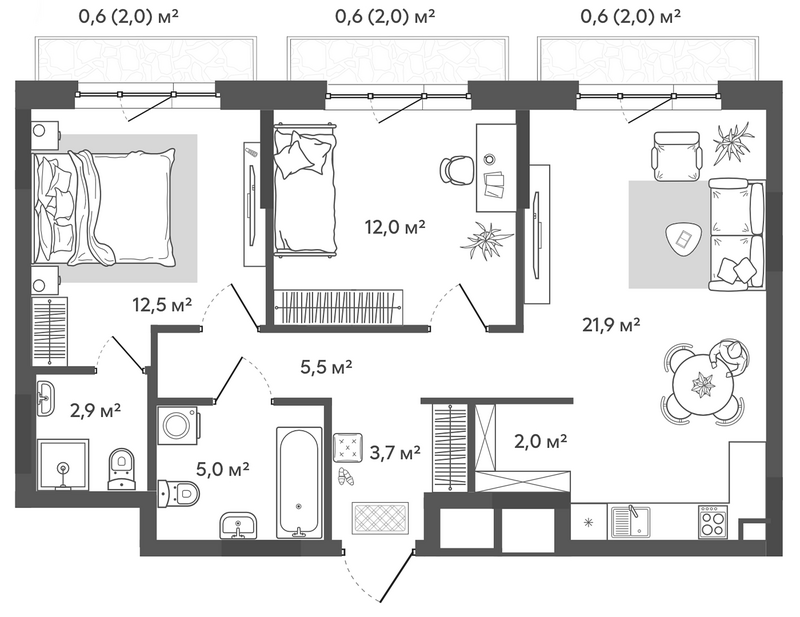 Планировка 3е-к. квартира 65.50 м² в ЖК «Природные кварталы Сибирия»