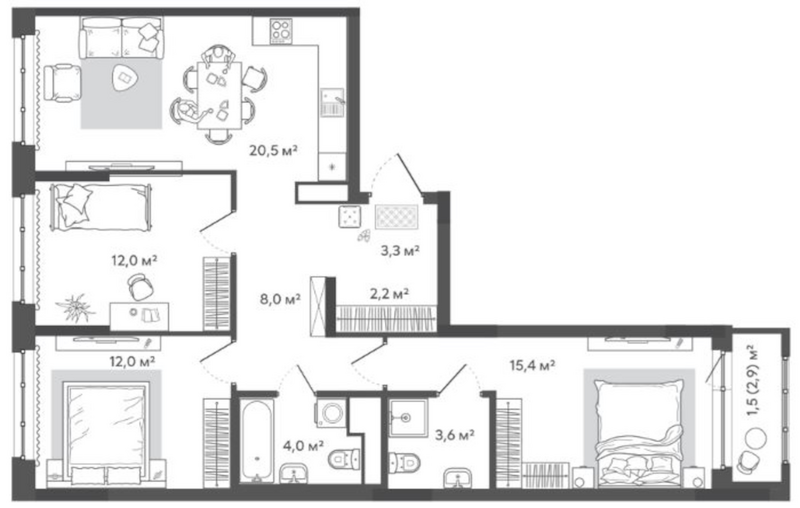Планировка 4е-к. квартира 81.00 м² в ЖК «Природные кварталы Сибирия»
