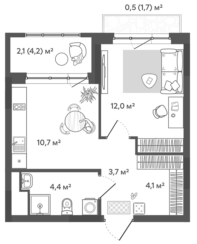 Планировка 1-к. квартира 34.90 м² в ЖК «Природные кварталы Сибирия»