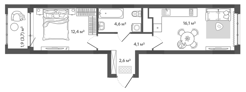 Планировка 2е-к.кв 39.80 м² в ЖК «Природные кварталы Сибирия»