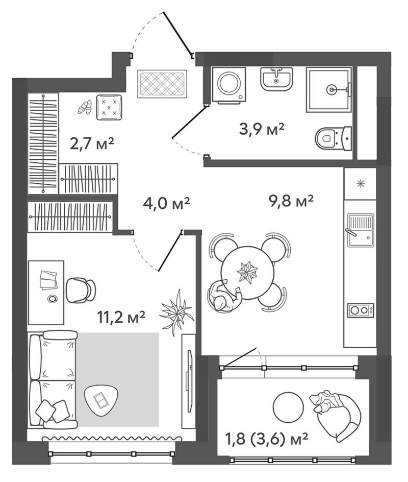 Планировка 1-к. квартира 31.60 м² в ЖК «Природные кварталы Сибирия»