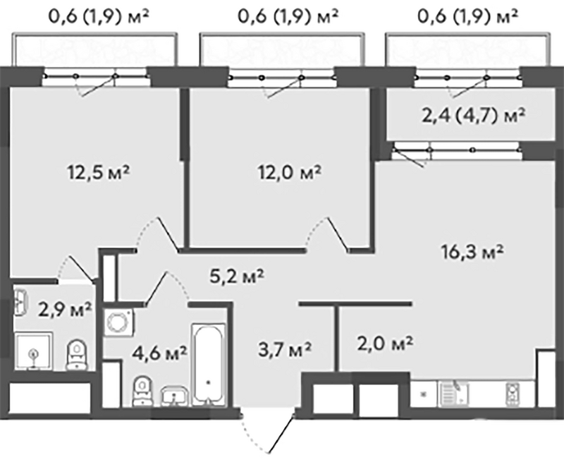 Планировка 3е-к.кв 59.20 м² в ЖК «Природные кварталы Сибирия»