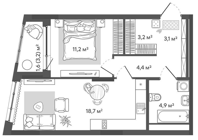 Планировка 2е-к. квартира 45.50 м² в ЖК «Природные кварталы Сибирия»