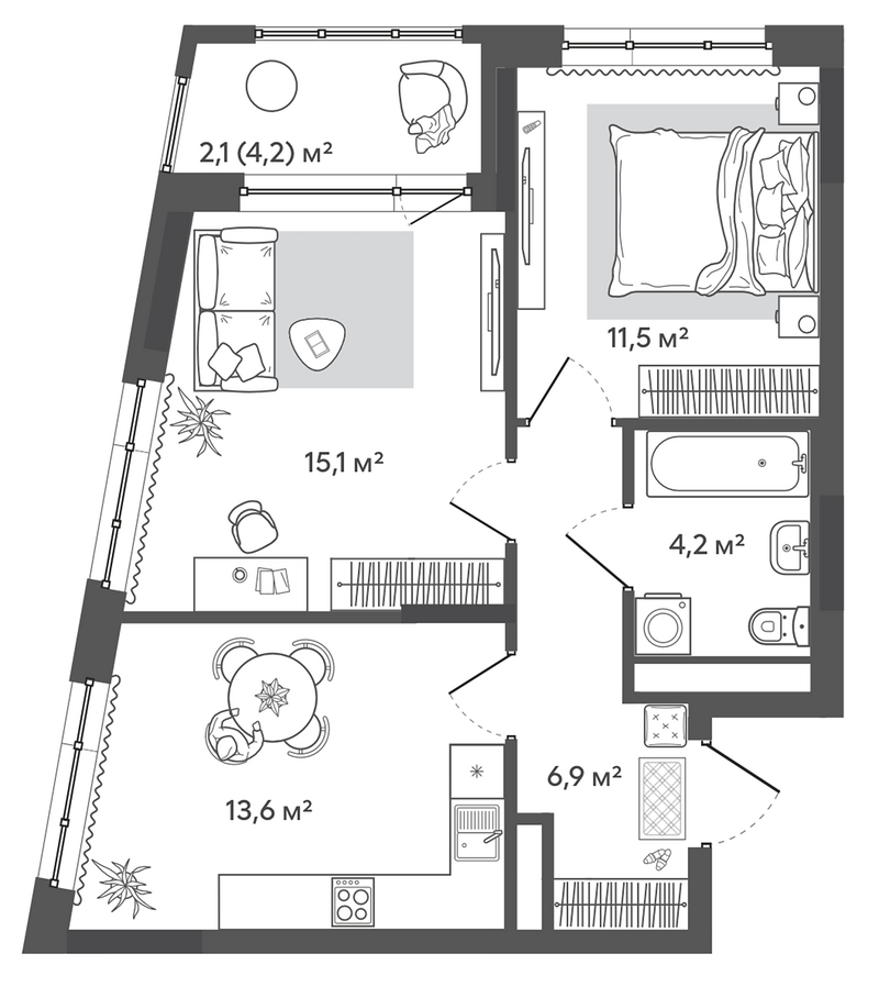 Планировка 2-к. квартира 51.30 м² в ЖК «Природные кварталы Сибирия»