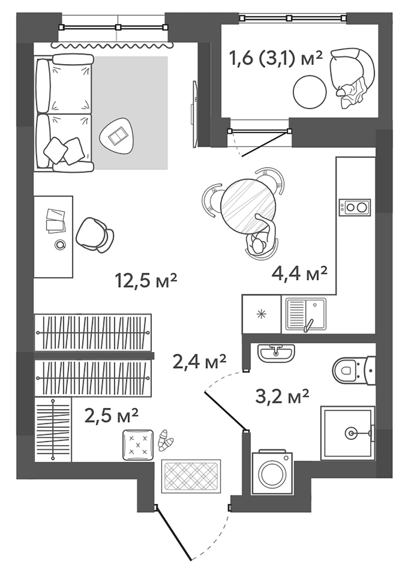 Планировка студии 25.00 м² в ЖК «Природные кварталы Сибирия»