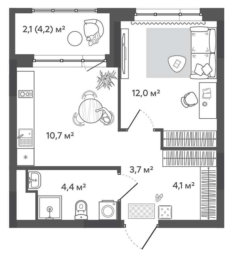 Планировка 1-к. квартира 34.90 м² в ЖК «Природные кварталы Сибирия»