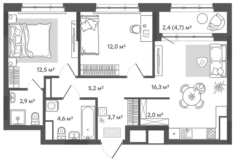Планировка 3е-к. квартира 59.20 м² в ЖК «Природные кварталы Сибирия»