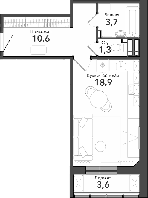 Планировка студии 34.50 м² в ЖК «Околица»