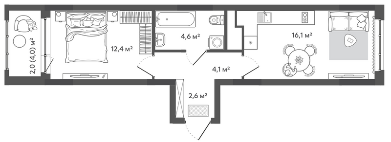 Планировка 2е-к. квартира 39.80 м² в ЖК «Природные кварталы Сибирия»