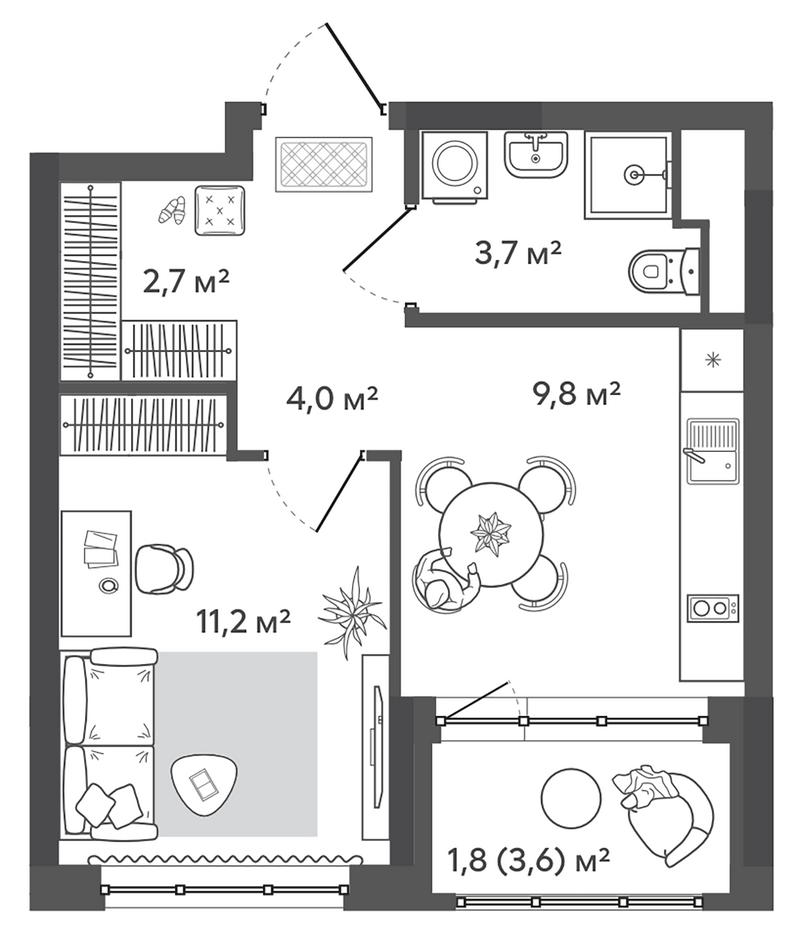 Планировка 1-к. квартира 31.40 м² в ЖК «Природные кварталы Сибирия»