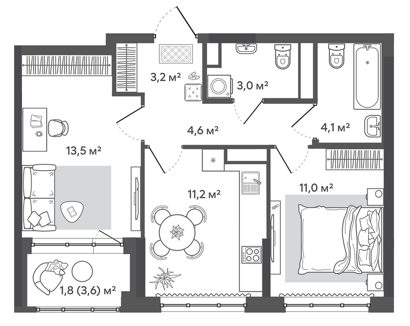 Планировка 2-к. квартира 50.60 м² в ЖК «Природные кварталы Сибирия»