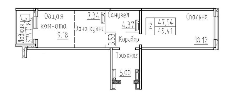 Планировка 2е-к.кв 47.54 м² в ЖК «Фламинго»