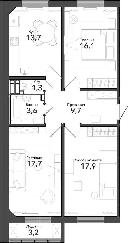 Планировка 3-к.кв 80.00 м² в ЖК «Околица»