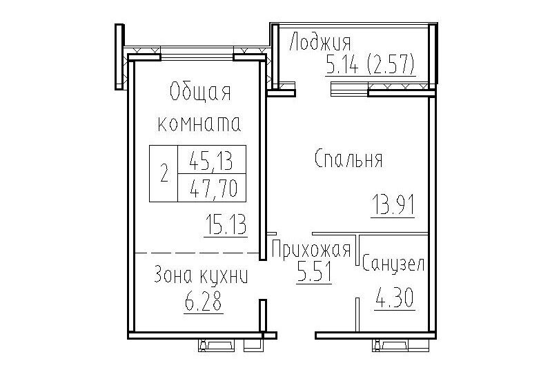 Планировка 2е-к.кв 45.13 м² в ЖК «Фламинго»
