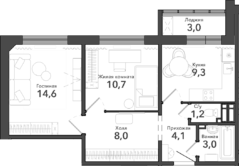 Планировка 2-к.кв 50.90 м² в ЖК «Околица»
