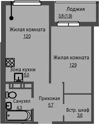 Планировка 2е-к.кв 43.50 м² в ЖК «Новый Бронный»