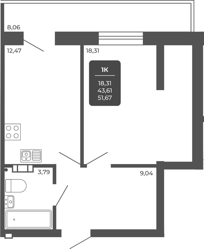 Планировка 1-к.кв 43.61 м² в ЖК «НОВА АПАРТ»
