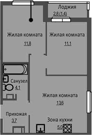 Планировка 3е-к.кв 49.30 м² в ЖК «Новый Бронный»
