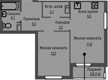 Планировка 2е-к. квартира 44.60 м² в ЖК «Новый Бронный»